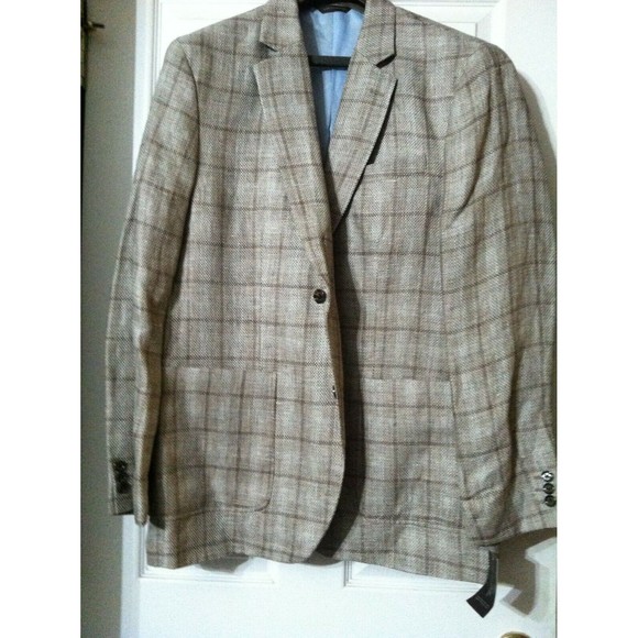 TASSO ELBA MENS NEW KHAKI 100%LINEN SPORT COAT JACKET BLAZER SIZE: XL(46-48)